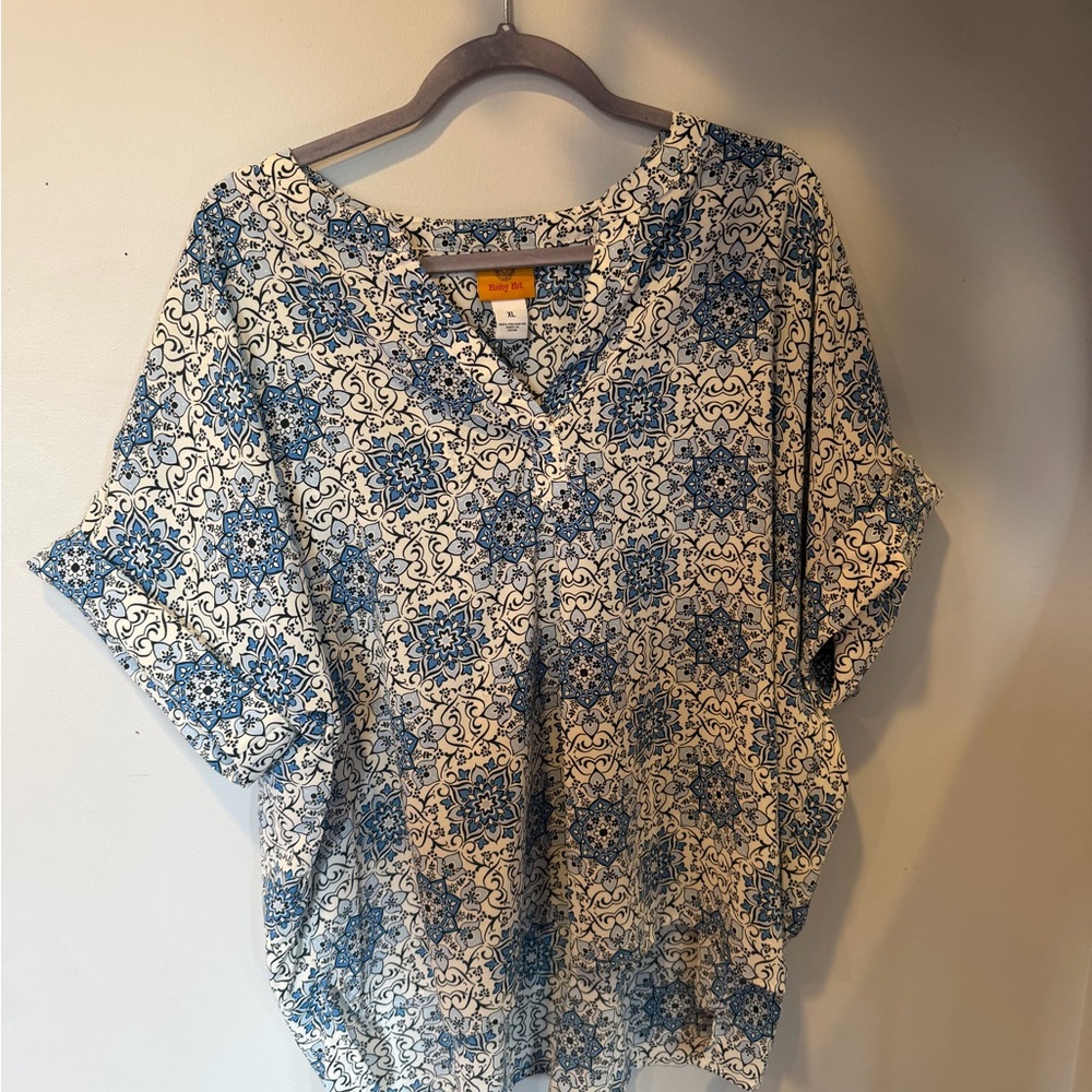 Ruby Rd. Blue and White V-Neck Tile-Print Tunic